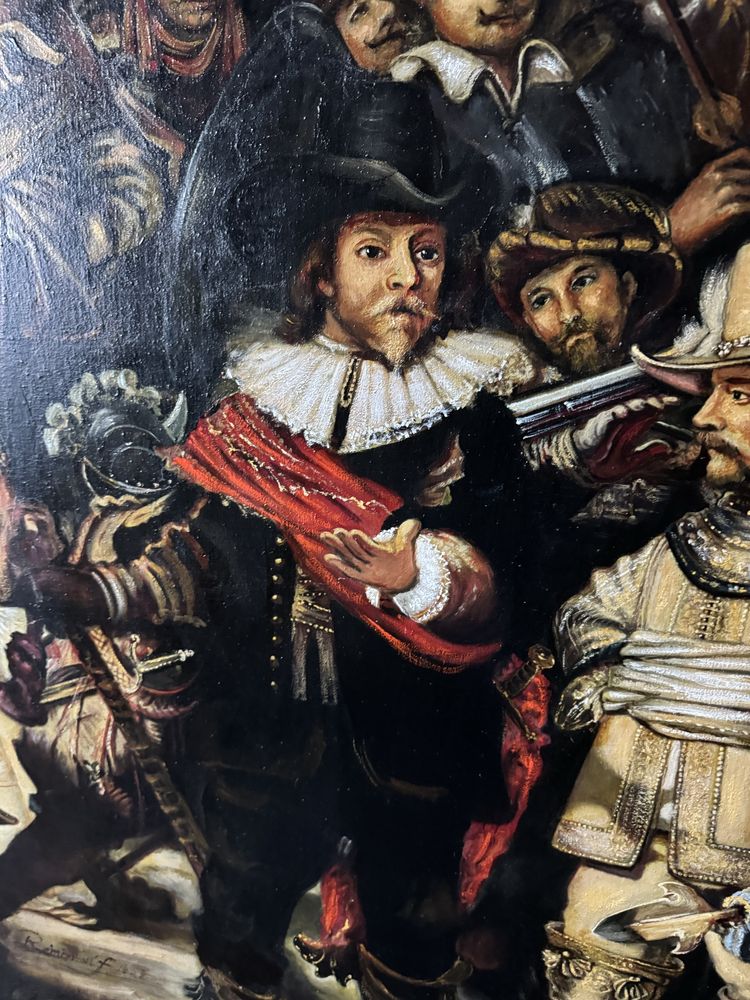Stara kopia olej na płótnie Rembrandt Straż Nocna duży format