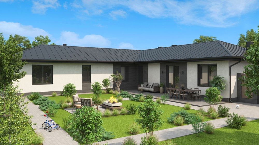 Видео. высокий, одноэтажный, Г образный новый дом