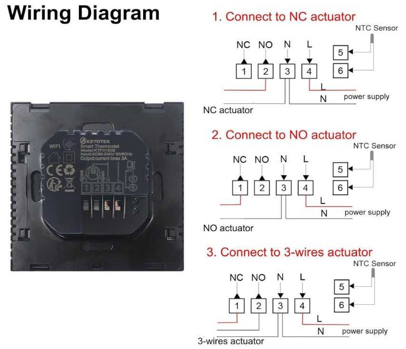 Termostat Wifi KETOTEK KTF0163B, wodne ogrzewanie podłogowe, czarny