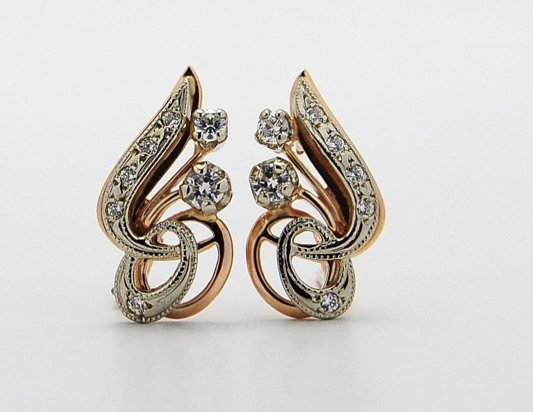 #сережки#золото 585# красное и белое# до на 2 см# цирконий