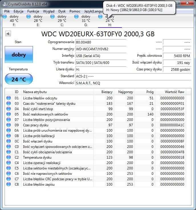 Dysk 2TB WD20EURX SATA III jak nowy do rejestratorów, PC