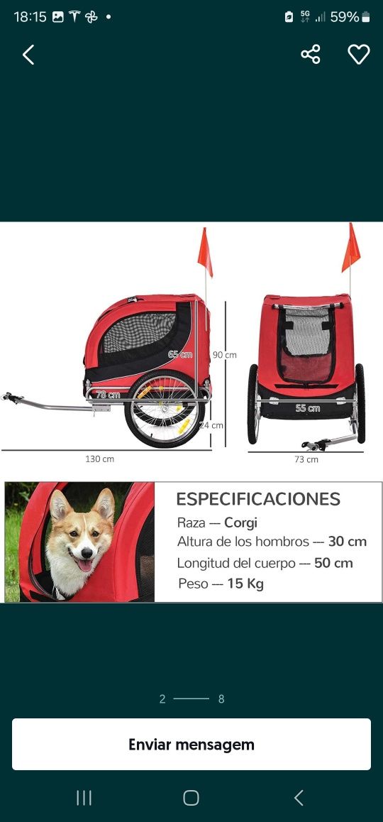 Reboque bicicleta para cães e animais de
estimação,130 x 73 x 90 cm