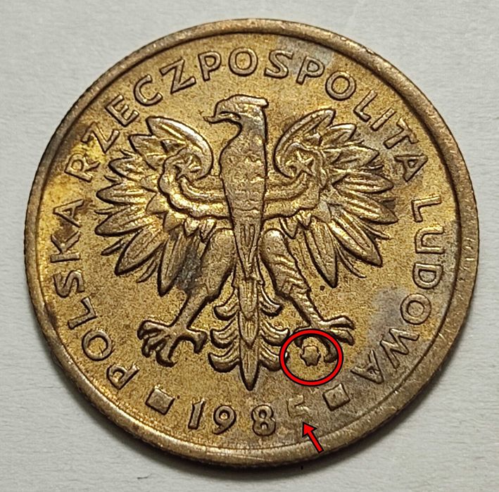 2 zł 1985, ładny destrukt, niedobicie cyfry i znak mennicy