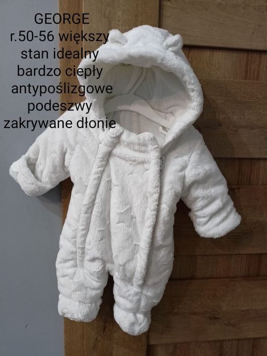 Kombinezon 50 56 dla noworodka 62 biały miś zimowy z uszami chrzest