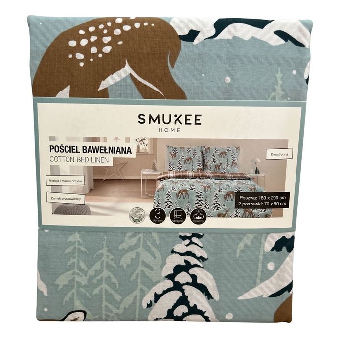 Świąteczna pościel bawełniana 160x200 turkusowa sarenki