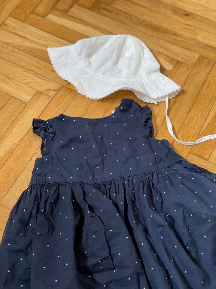 H&M granatowa sukienka w kropki falbanka + kapelusz haftowany 74