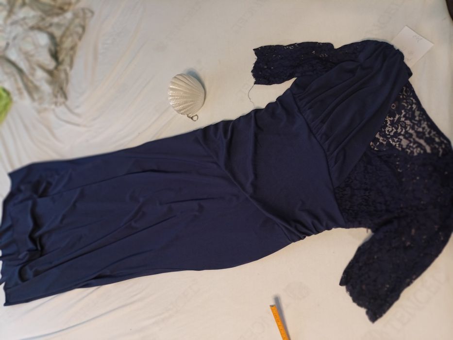 Granatowa elegancka sukienka długa koronka 42 XL