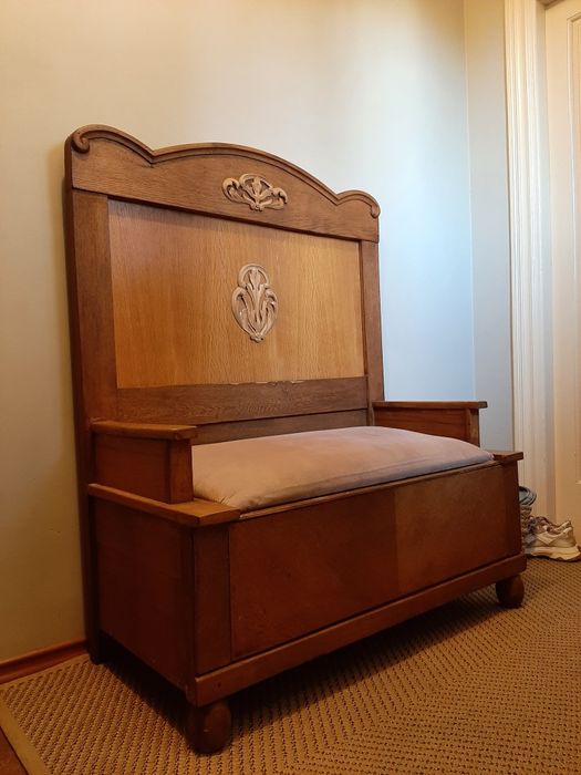 Sedzisko lawka retro drewniana debowa ze schowkiem