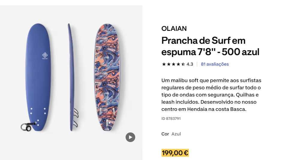 Prancha em espuma 7'8'' Olaian + quilhas + Capa Ajustável