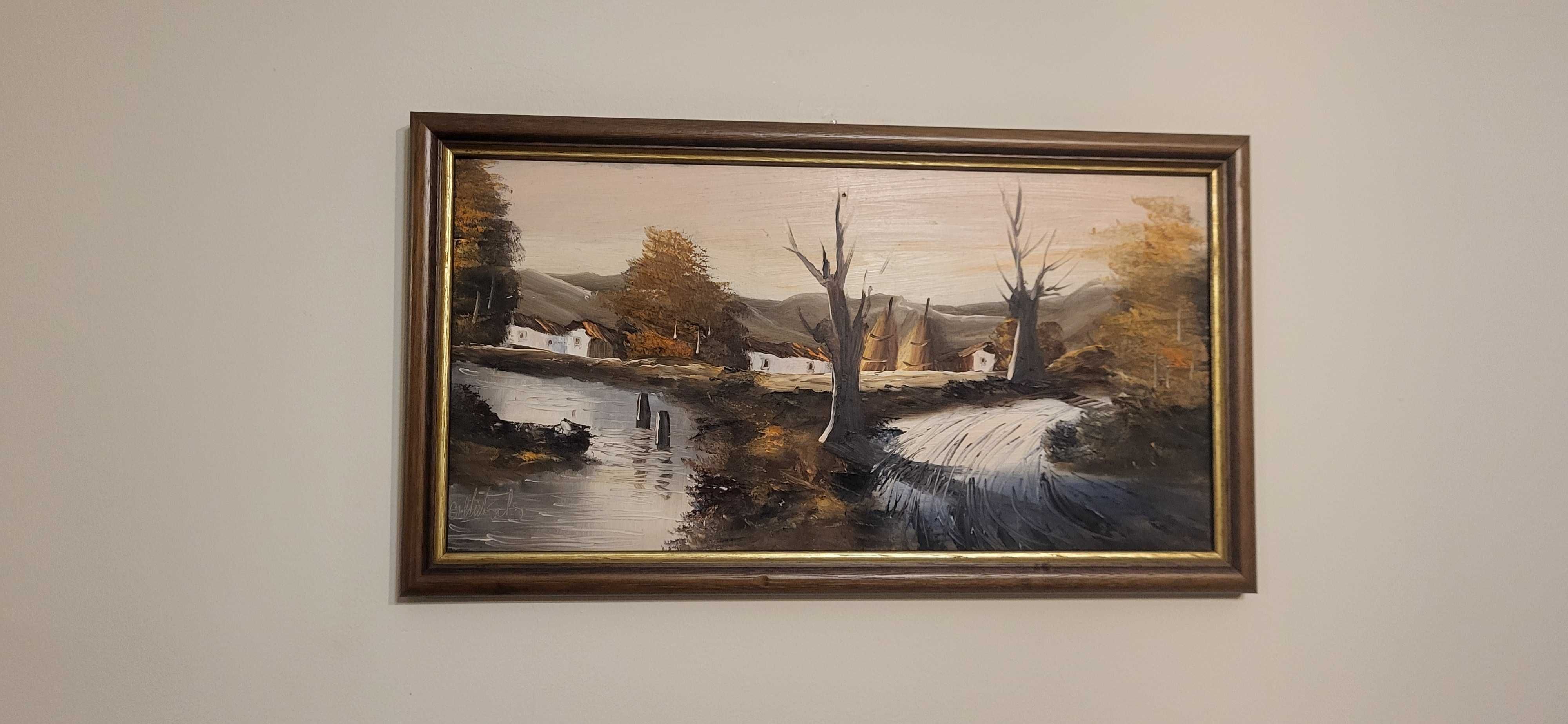 Quadro antigo pintado à mão em tela - com relevo