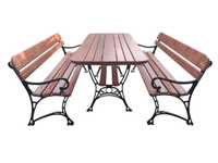 Meble ogrodowe stół + 2x ławka z podłokietnikiem żeliwo olcha