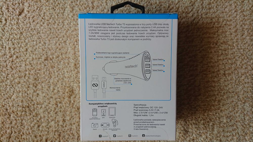 Ładowarka Naztech Turbo T3 USB Car Charger kabel Micro USB 7.2A/36W