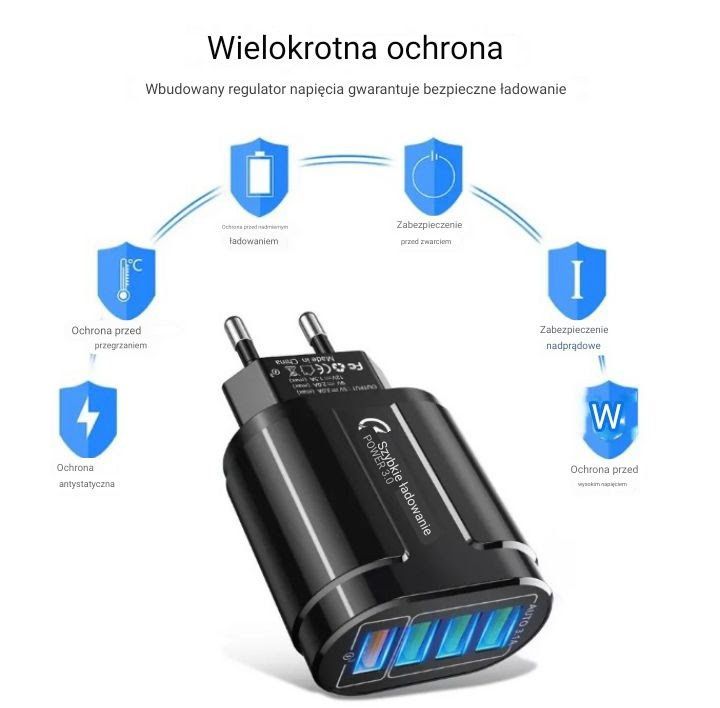 Szybka ładowarka 4 portowa USB+ kabel świecący Essager