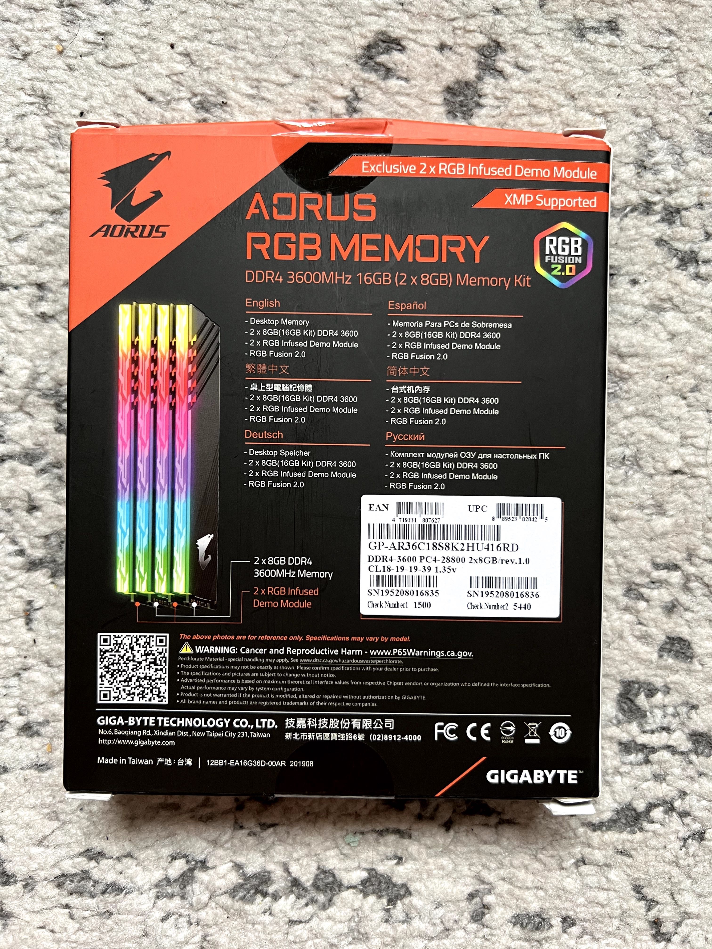 RAM Aorus RGB Memory DDR4 3600MHz (2x8GB)