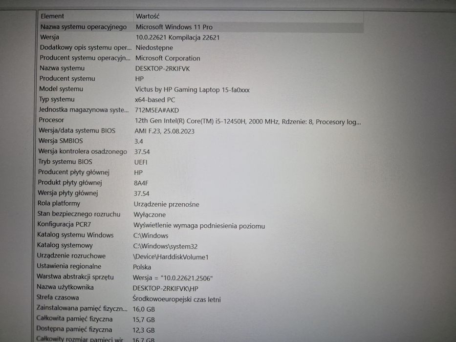 Laptop gamingowy HP Victus 15 i5-12450H 16GB 512 RTX3050 Hz144