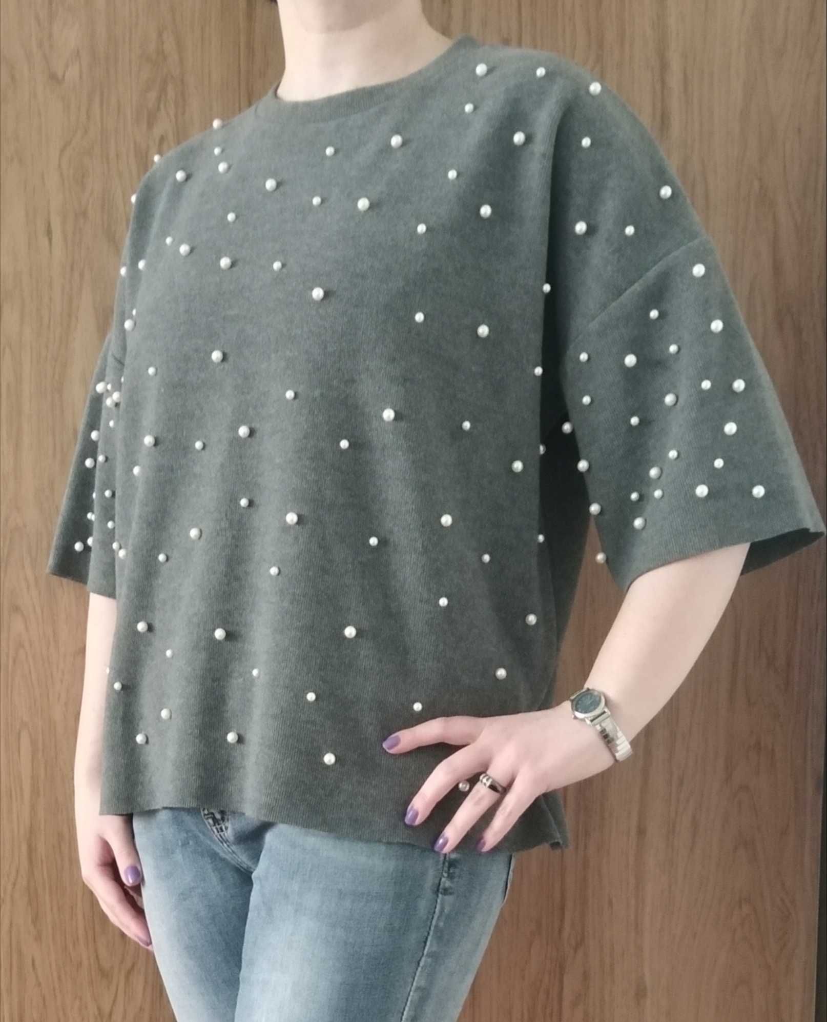 ZARA sweter sweterek oversize perełki perły szary 38 40 M L