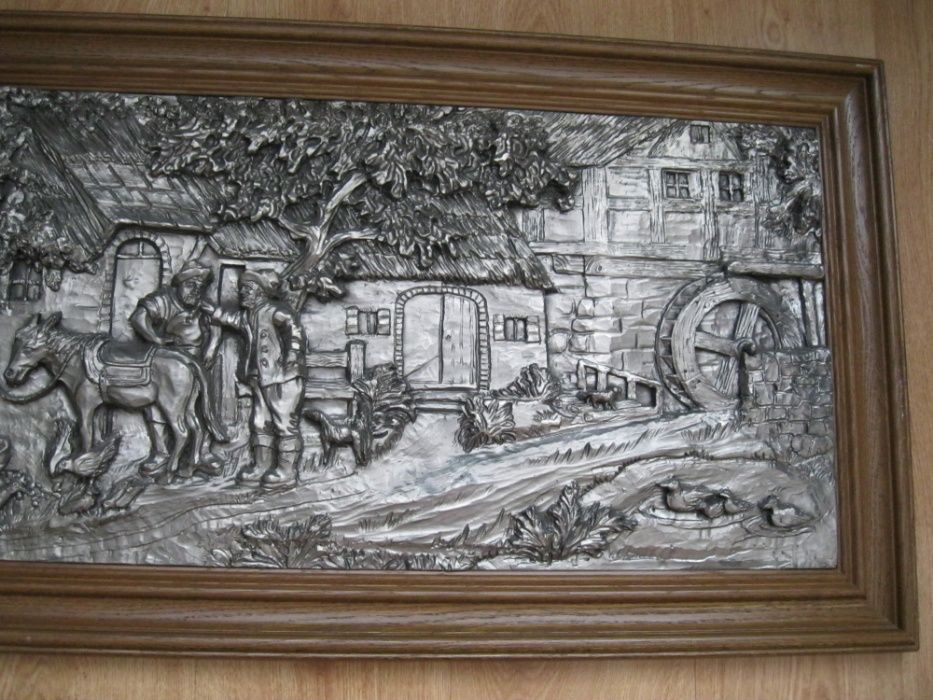 Obraz, cynowy relief, scenka rodzajowa przy młyńskim kole, super stan.