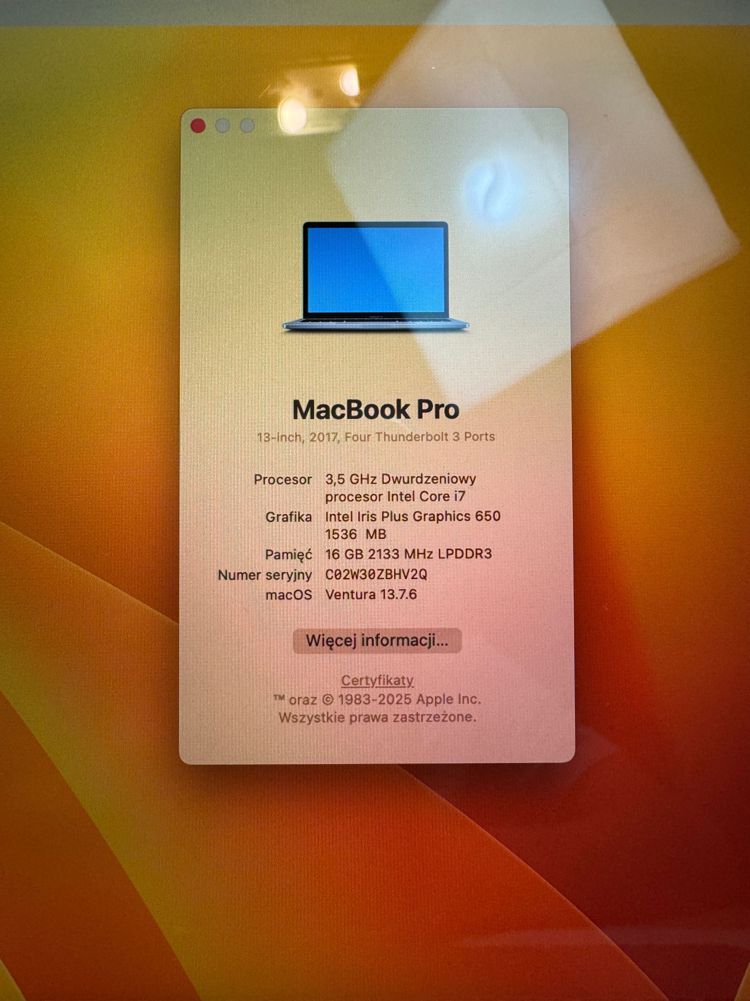 Idealny MacBook Pro 13” i7 2017 A1706 16 GB /256 GB Touchbar