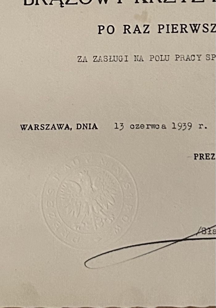 II RP Dyplom - nadanie na Brązowy Krzyż Zasługi 1939 r. W. Szczelina