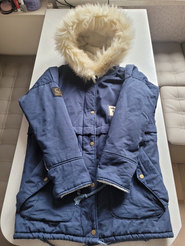 Синя зимова подовжена підліткова куртка заміри на фото фірмова тепла