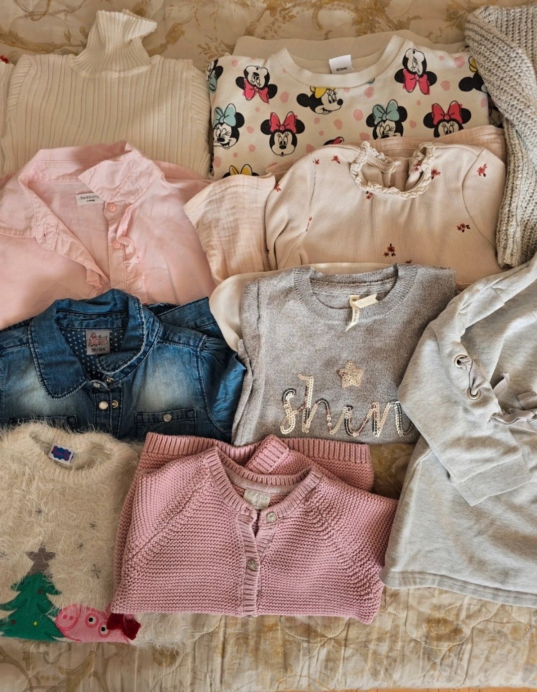 Zestaw paczka 14 szt ubranek dla dziewczynki 104 bluza kardigan sweter