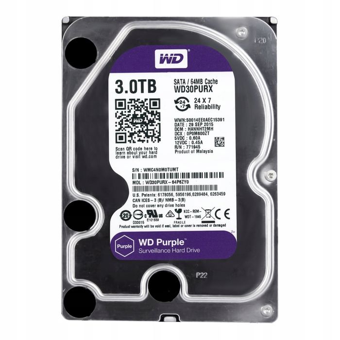 Dysk Wd Purple 3Tb Wd30Purx 5,4K 64Mb Sata3 3,5'' () Uszkodzony