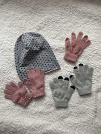 Zestaw paka czapka i rękawiczki dla dziecka szary różowy kropki
