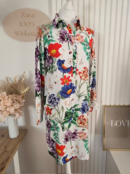 Zara sukienka 36 S biała kwiaty kolorowa prosta koszulowa guziki