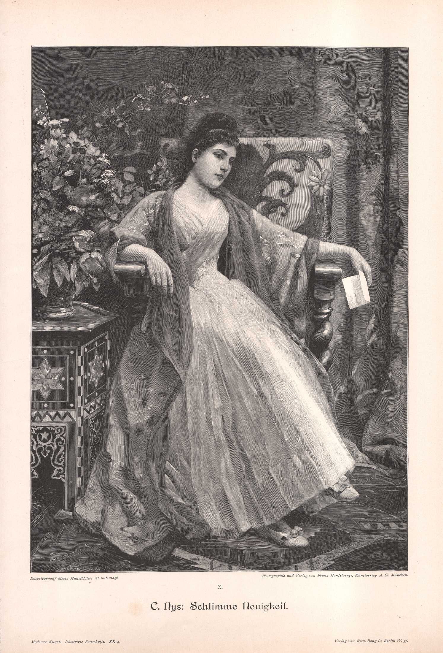 Nys: Dama z listem. Drzeworyt ilustracyjny 1897 r. autentyk