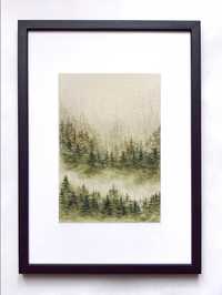 Góry z lasem we mgle akwarele obraz ręcznie malowany A5