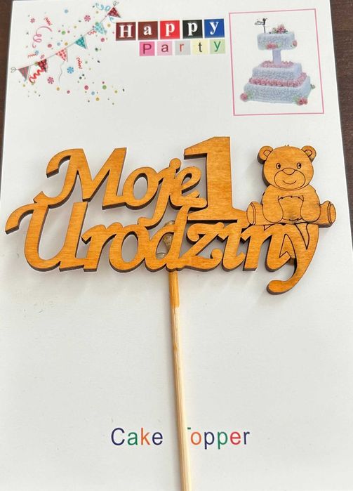 Topper złoty na tort Urodziny Roczek Miś