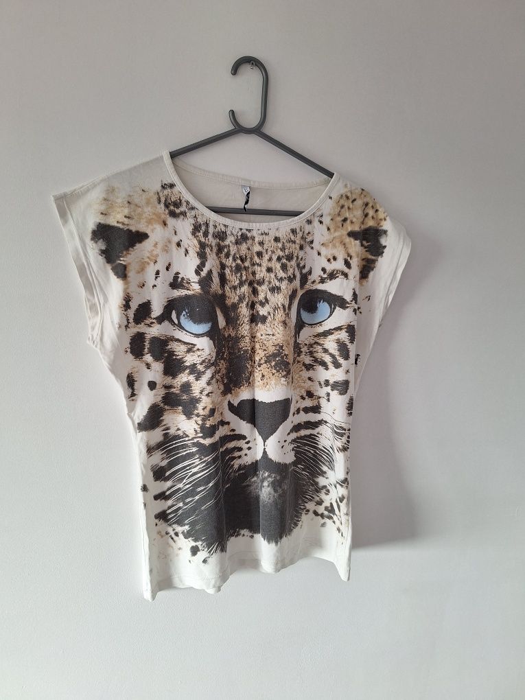 Koszulka tshirt bluzka biała krótki rękaw nadruk damska 40 L