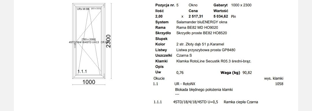 Okno balkonowe Salamander 100*230