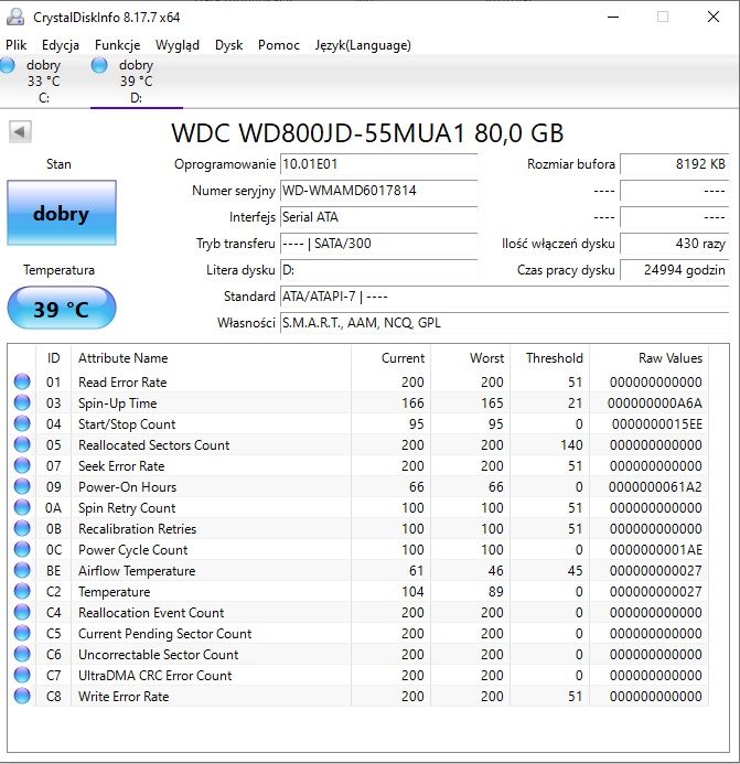 Dysk SATA 80GB WD800