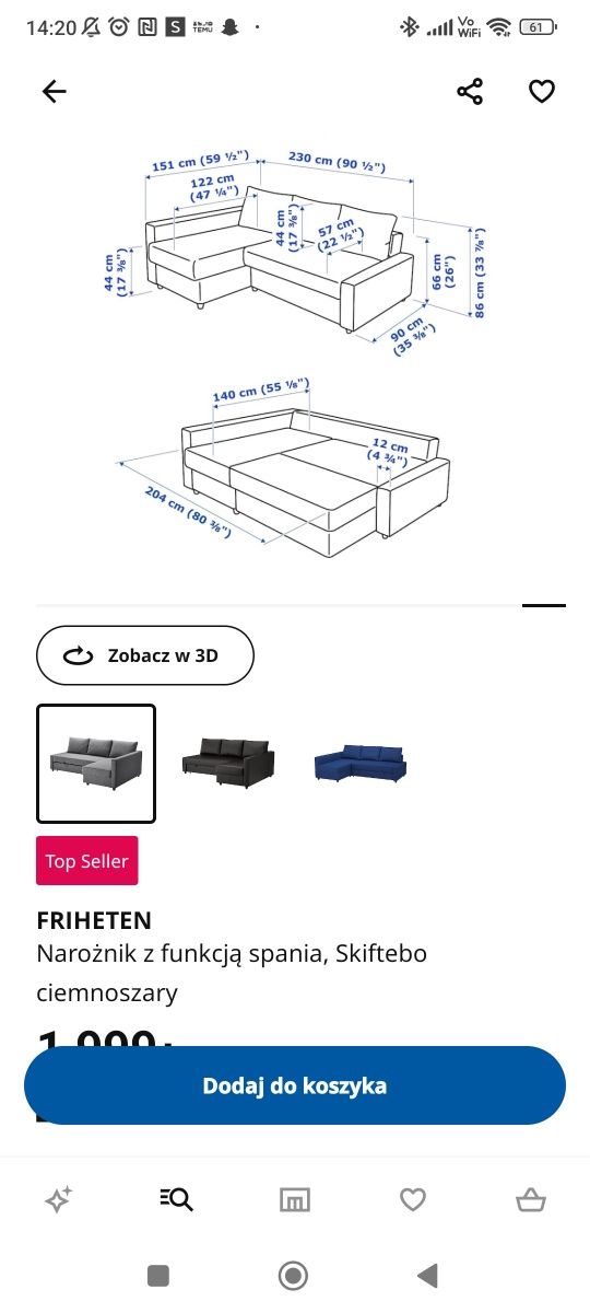 Kanapa Ikea FRIHETEN