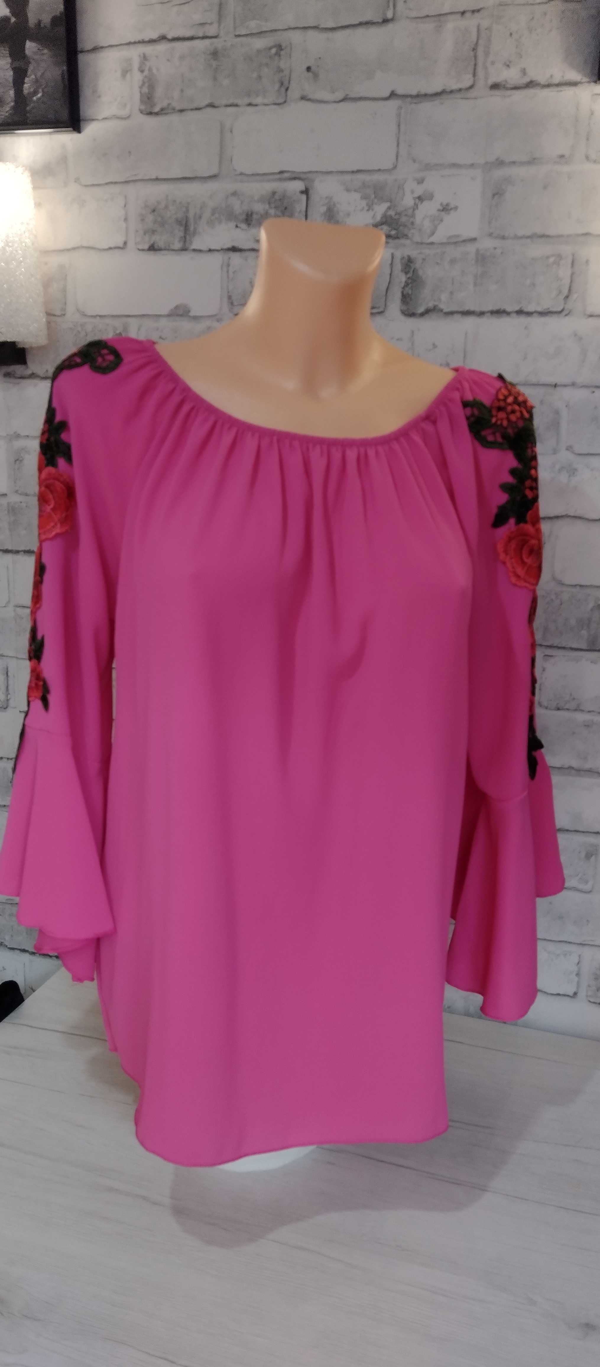 różowa zwiewna tunika bluzka bluzeczka rękaw 3/4 dzwon oversize S-XL