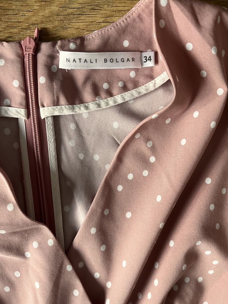 Długa sukienka Natali Bolgar różowa kropki xs s 34 36 wesele kieszenie