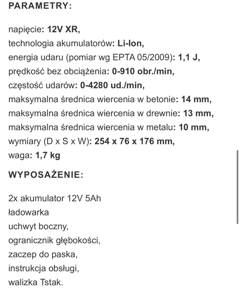 Sprzedam nowa Młotowiertarkę Dewalt 12V