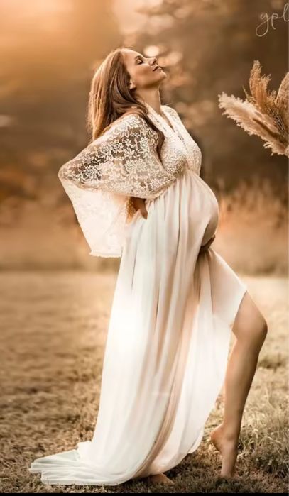 Suknia do sesji ciążowej w stylu boho biala z koronką