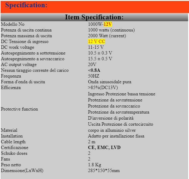 Conversor INVERTER de ONDA PURA - 1000 WATT a 2000 WATT 12VDC 230VAC