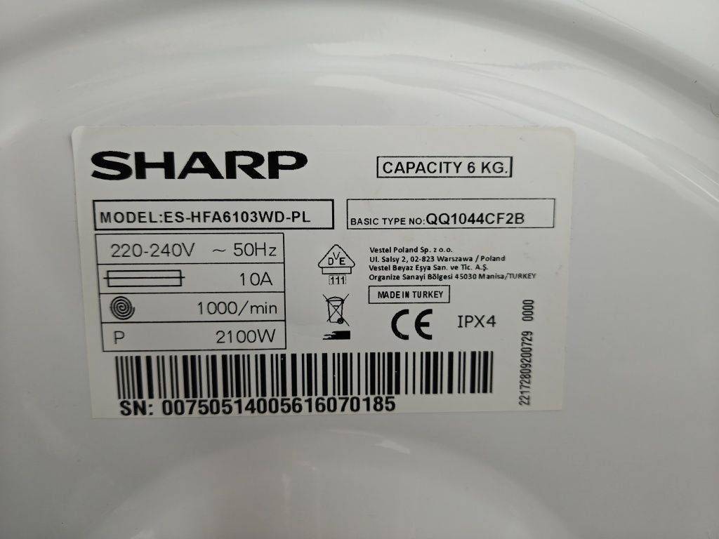 Pralka Sharp model es–hfa6103wd