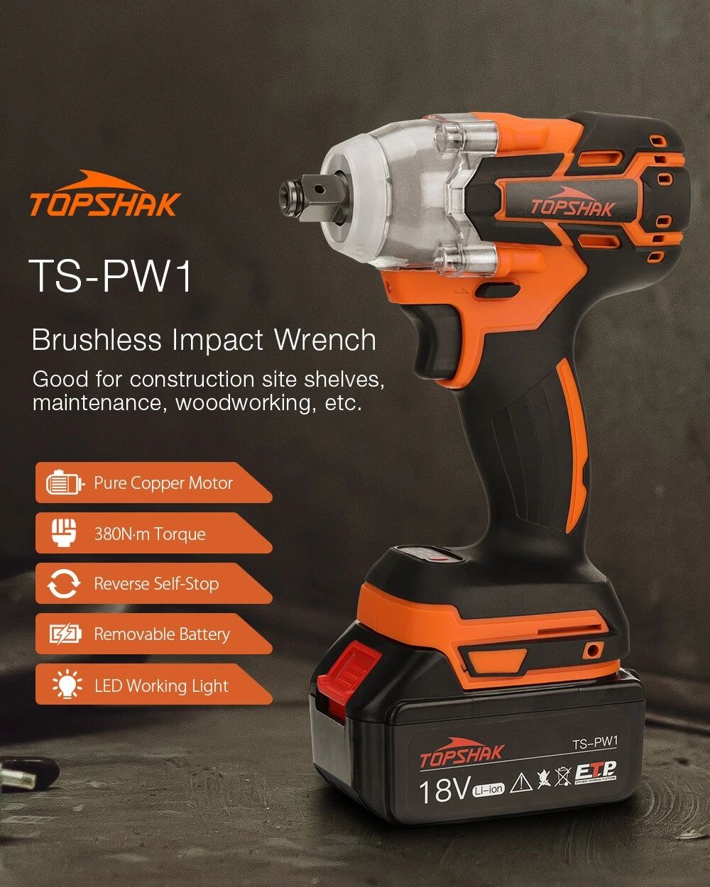 Máquina de Impacto sem escova 380N.M, com luz LED,  com  1 bateria