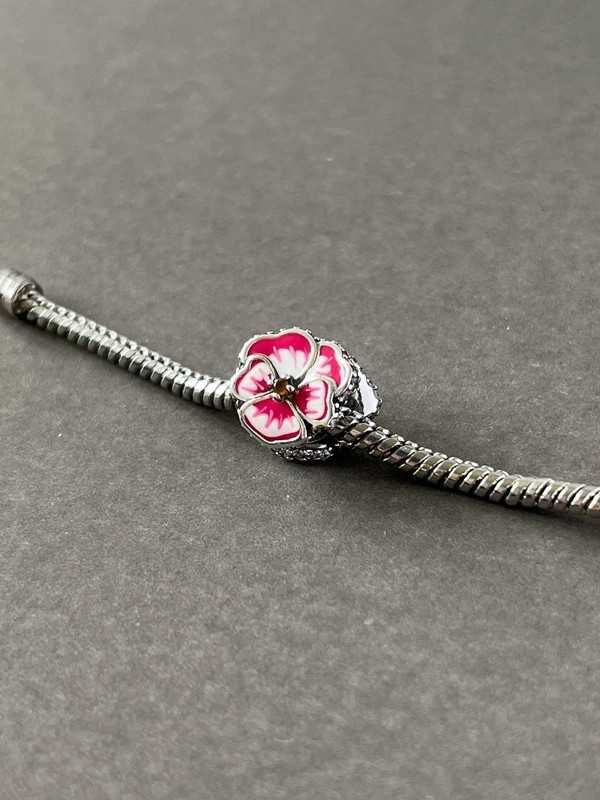 Charm's Różowy bratek kwiat wiosna srebro 925 nowy charms prezent