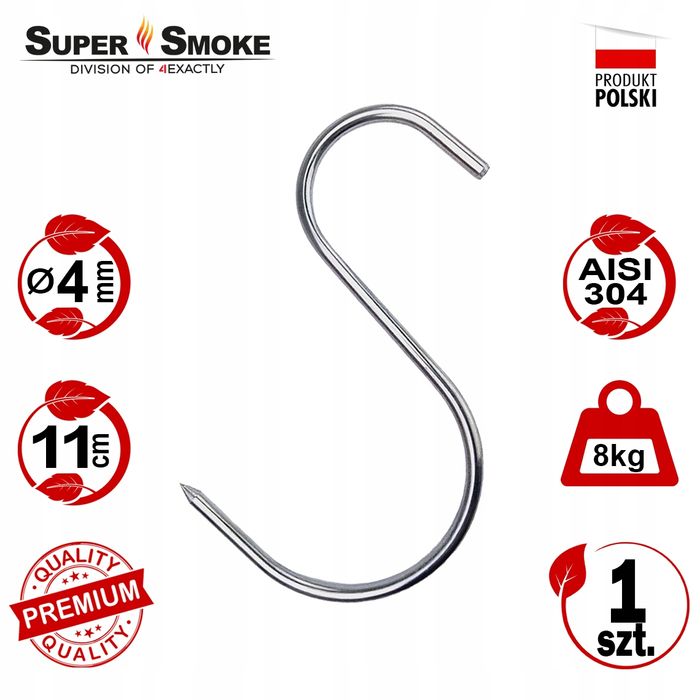Hak Wędzarniczy Super Smoke typu "S" do wędlin 4 mm 11 cm Premium