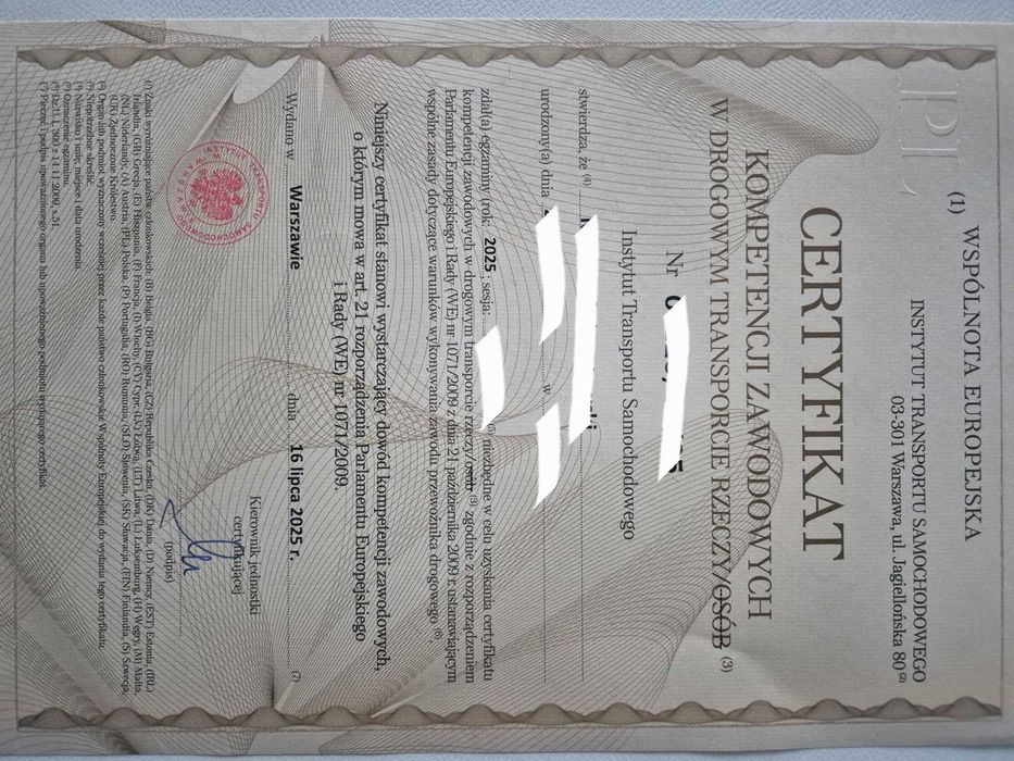 Użyczę Certyfikat Kompetencji Zawodowych w Transporcie Rzeczy