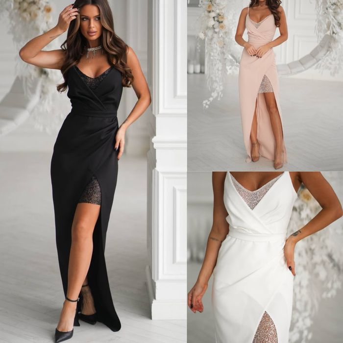 Женское нарядное платье с разрезом S-Xl Жіноча сукня довга чорний,беж