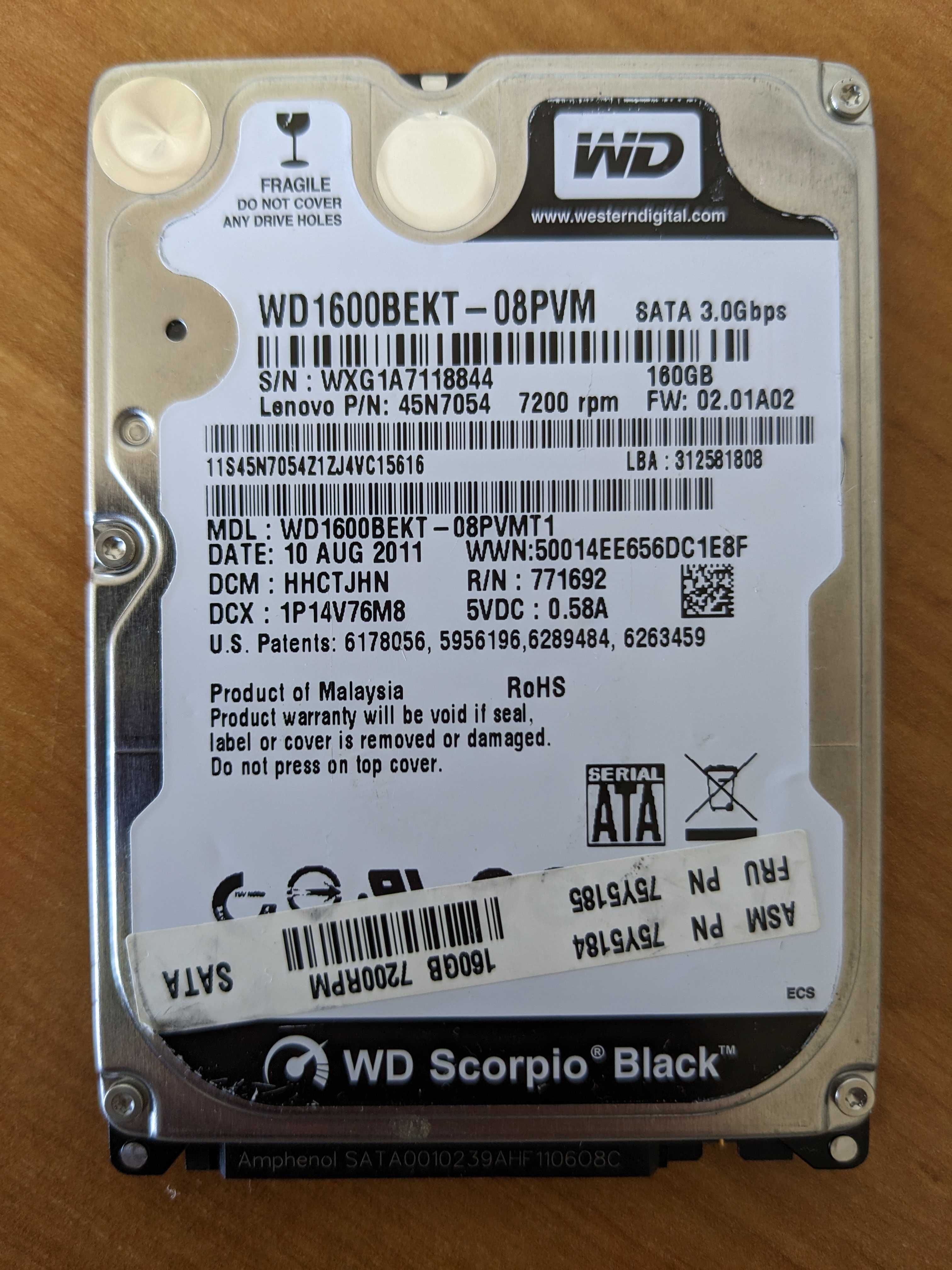 Жесткий диск WD Black 160GB 7200rpm 16MB WD1600BEKT-08PVMT1 2.5 SATAII