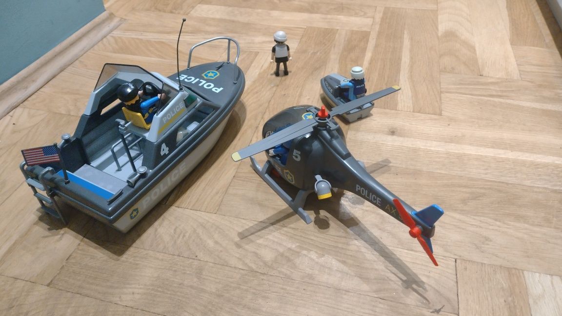 Łódź policyjna Playmobil + helikopter, motorówka, ludziki