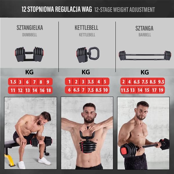 sgr18 pro set 3w1 zestaw regulowanych sztangielek 41 kg hms