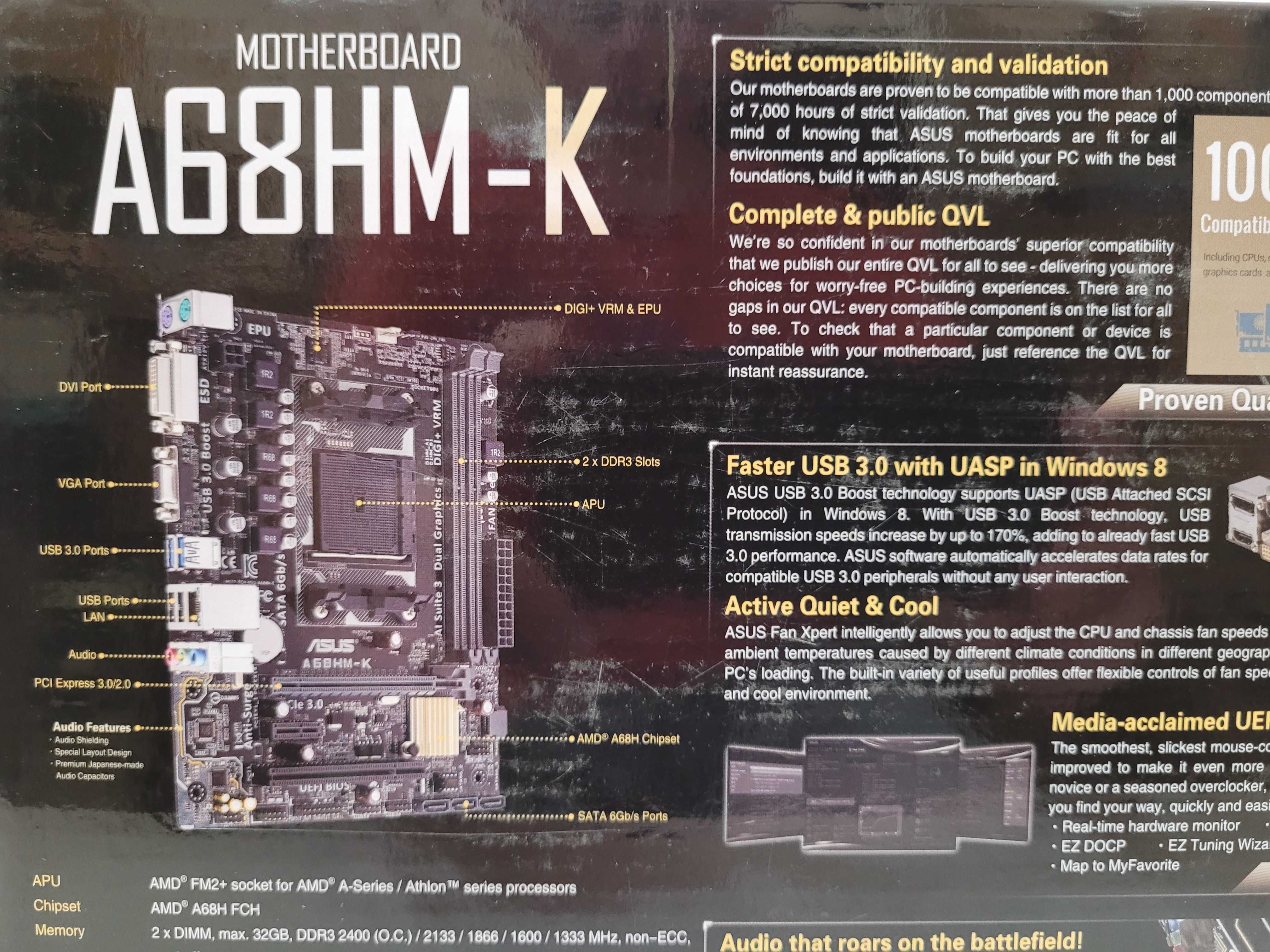 Матер. плата Asus A68HM-K Socket FM2+, б/у, рабочая, отл. сост.